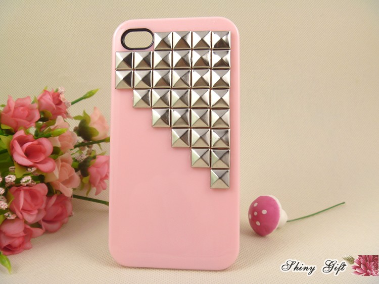 Studded Iphone 4 Case, Silver Pyramid Studs Iphone Case, Pink Iphone Case