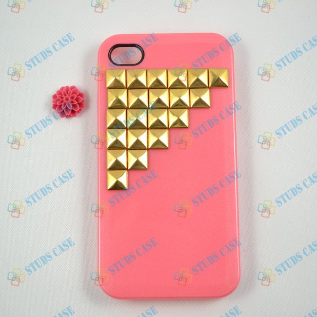 Studded Iphone 4 Case, Cool Gold Pyramid Studs With Pink Hard Case, Designer Iphone 4/4s Case Cover